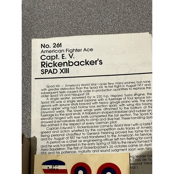 Renwal 1/72 Model Kit Capt. E.V. RICKENBACKER's SPAD XIII Plane NO. 261 - Picture 7 of 10